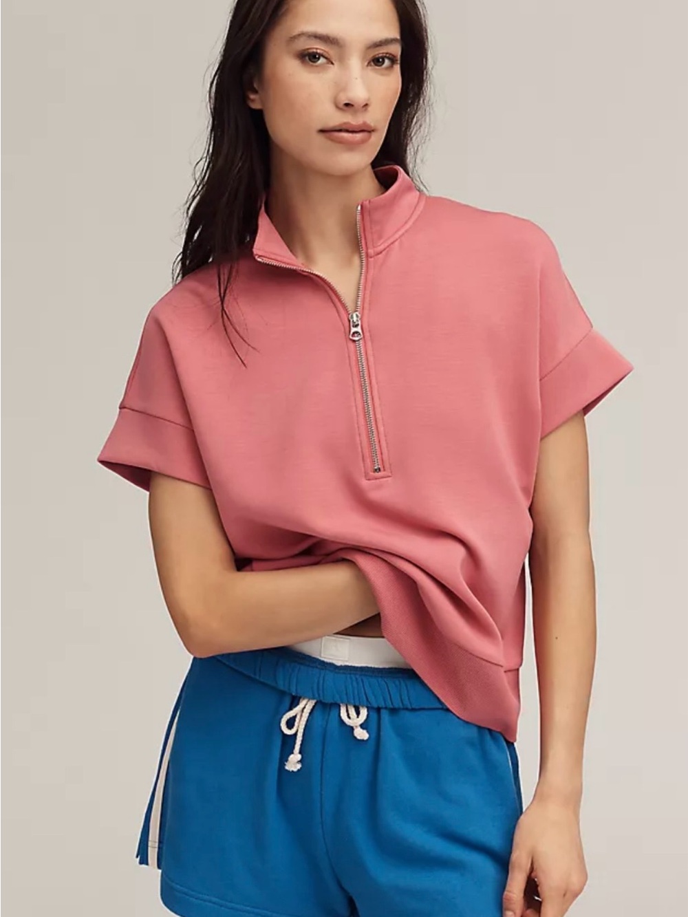 Varley Ritchie Sweat Short Sleeve Half-Zip Top in Rapture Rose, Relaxed,Soft,XXS